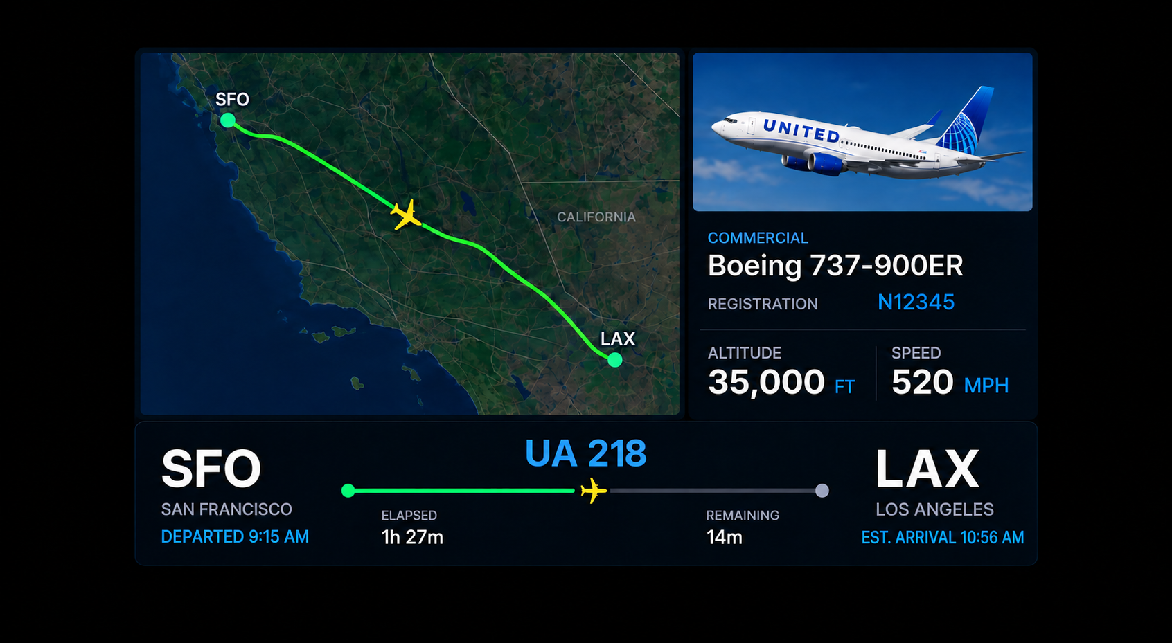 Close view of SkyTile displaying a live aircraft map, details, and route progress