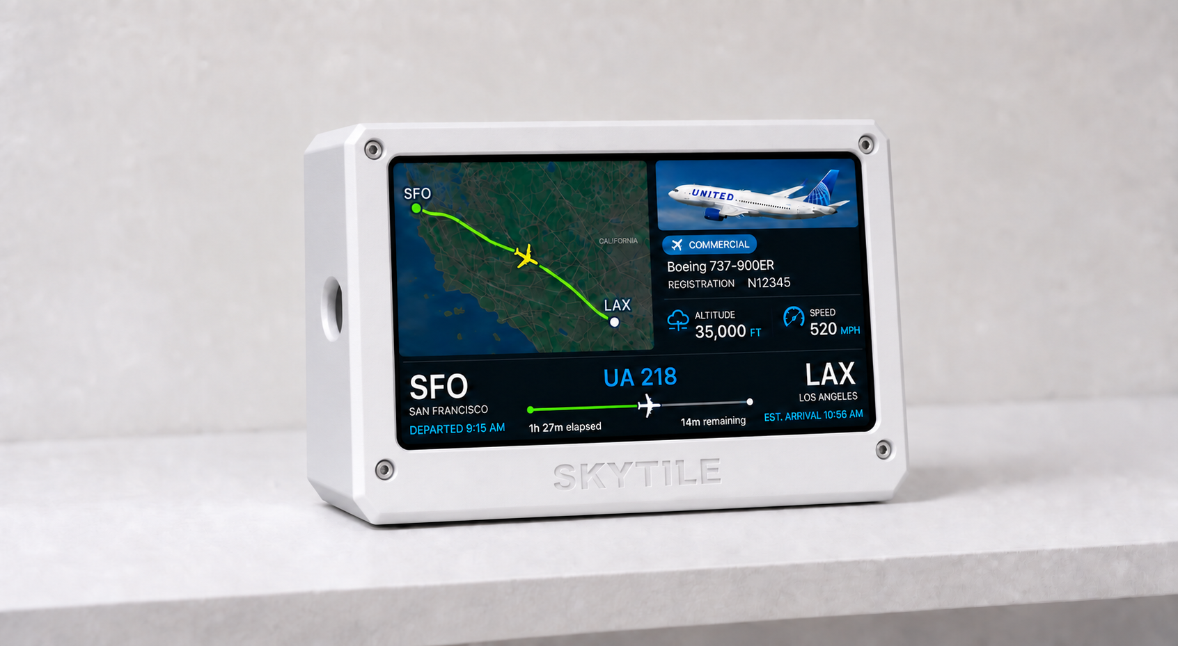 White SkyTile live flight display showing a current live flight screen