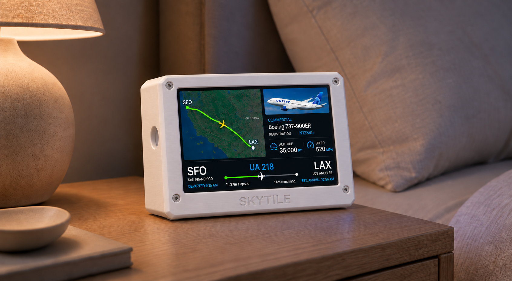 SkyTile showing a live flight on a softly lit nightstand
